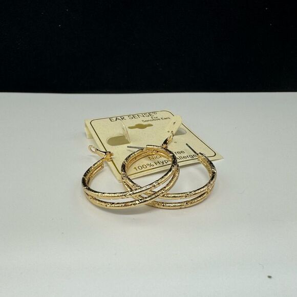 Ear Sense Gold Tone Textured Hoop Earrings 1 1/2 inch - Picture 1 of 4